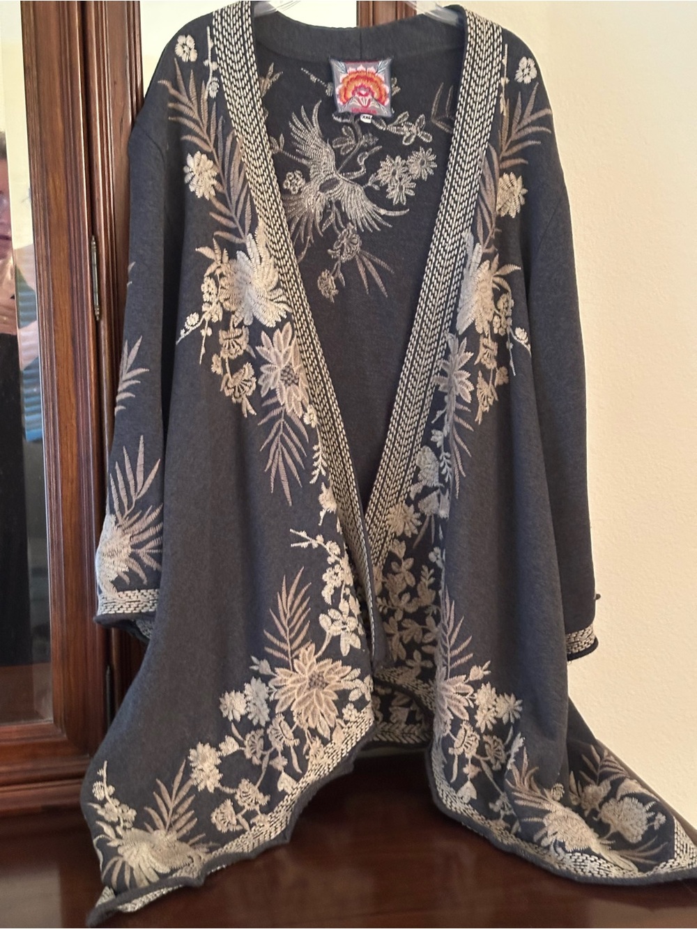 Johnny Was Embroidered Camille Grey Cardigan Waterfall Open Front - Picture 3 of 15